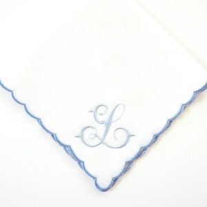 FRENCH SCRIPT font Embroidered Monogrammed Handkerchief, Personalized Custom Handkerchief, Single letter monogram