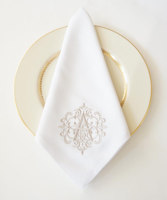 CHANTILLY LACE DESIGN with Monogram Font Embroidered Dinner Napkins and Guest Bath Hand Towels - Home Furnishings