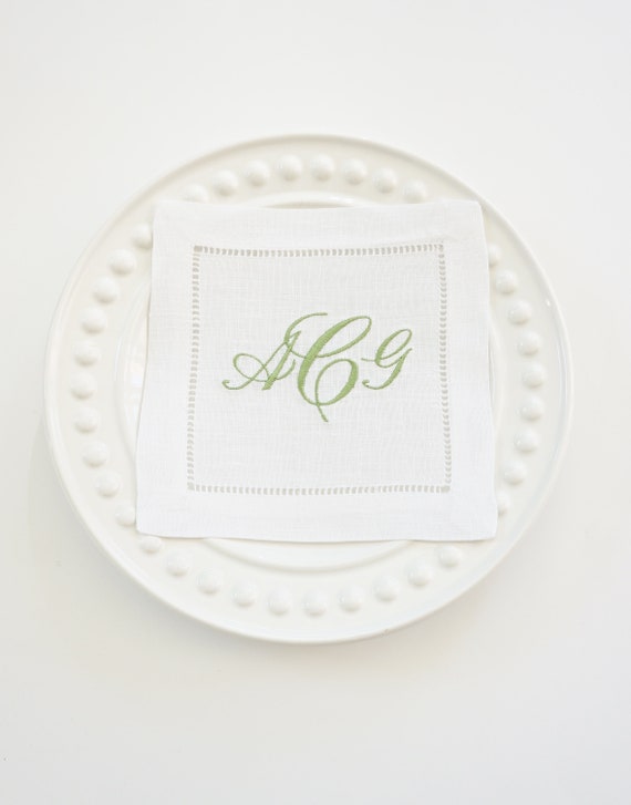 SCRIPT FONT COLLECTION of Monogram Fonts on Embroidered Cloth Dinner Napkins, towels, cocktail napkins featured with the Camellia font