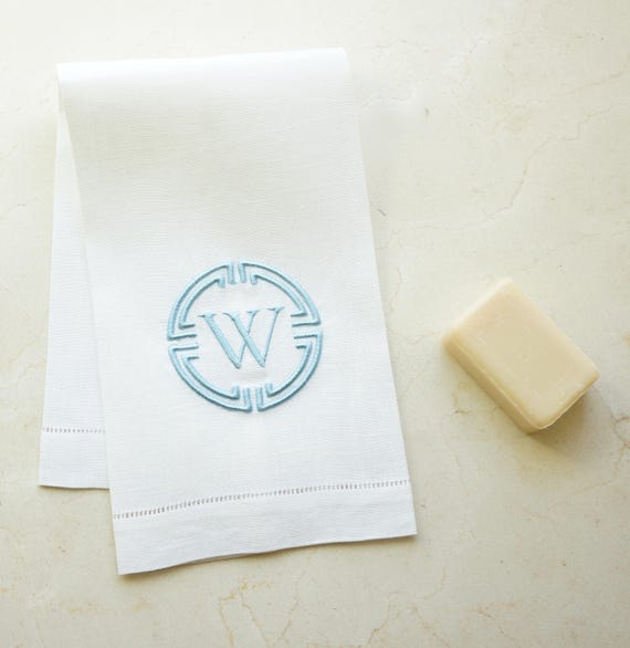 MEDALLION DESIGN with Monogram Embroidered Linen Cloth Napkins and Guest Bath Hand Towels - As shown on a Towel