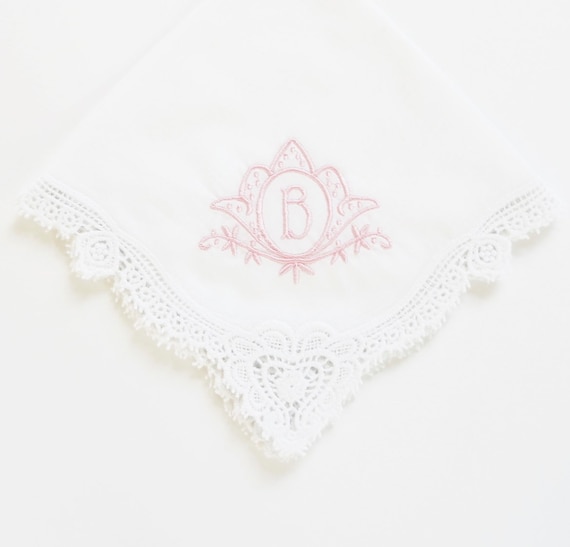 TULIP FRAME and MONOGRAM Embroidered Handkerchief, Wedding Hankie, Bridal handkerchief, Bridesmaids gifts featured with Fishtail font