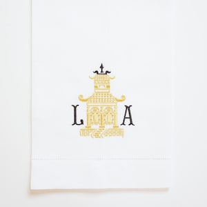 PAGODA I MONOGRAM Embroidered Towel and Napkins, wedding or hostess gift, kitchen and bath linens, bridal shower gift, kitchen towels