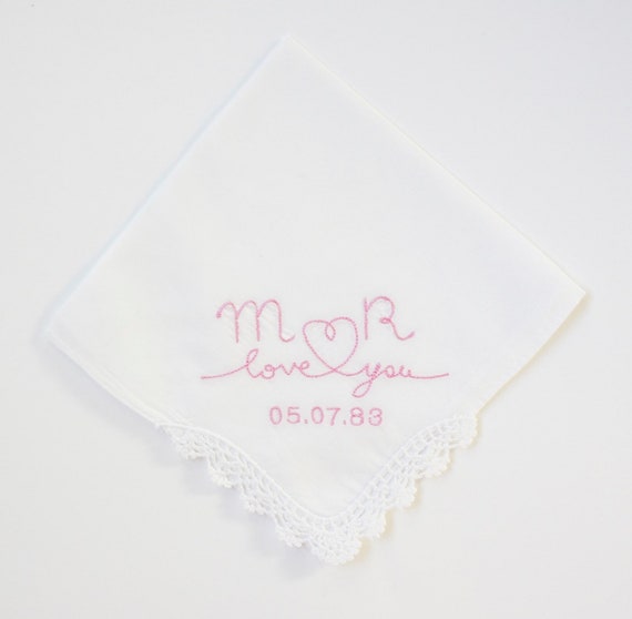 LADIES LOVE NOTE Design Embroidered Monogrammed Handkerchief, Personalized Custom Handkerchief, font style as shown or alternate