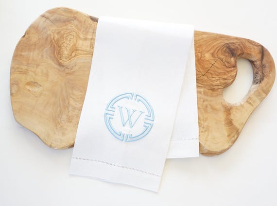 MEDALLION DESIGN with Monogram Embroidered Linen Cloth Napkins and Guest Bath Hand Towels - As shown on a Towel