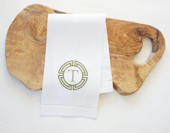 MEDALLION DESIGN with Monogram Embroidered Linen Cloth Napkins and Guest Bath Hand Towels - As shown on a Towel