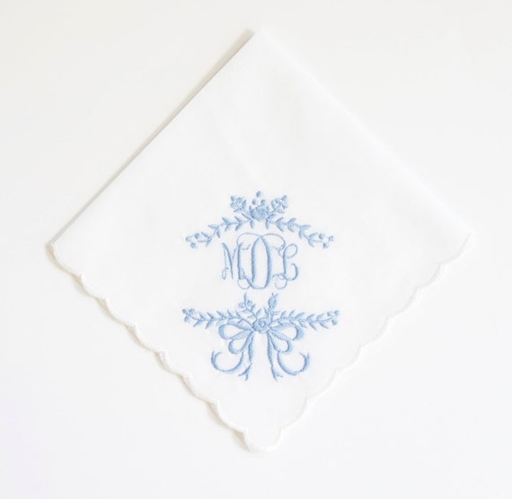 SOMETHING BLUE design and font Embroidered Monogrammed Handkerchief, wedding hankie