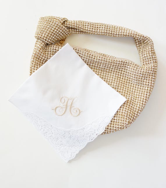 FRENCH SCRIPT font Embroidered Monogrammed Handkerchief, Personalized Custom Handkerchief, Single letter monogram