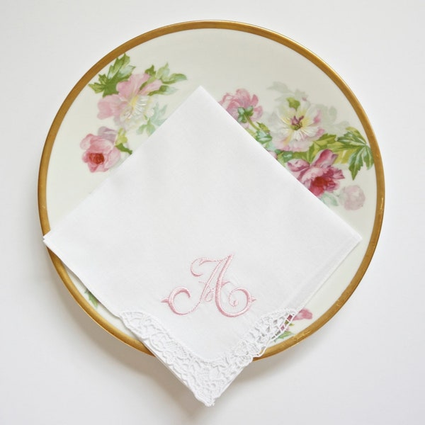 FRENCH SCRIPT font Embroidered Monogrammed Handkerchief, Personalized Custom Handkerchief, Single letter monogram