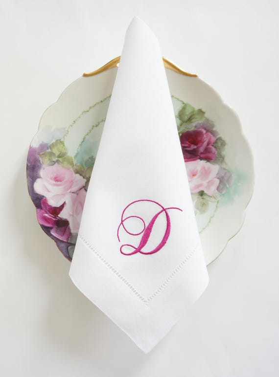GARDENIA SCRIPT Monogram Embroidered Cloth Dinner Napkins and Guest Hand Towels - Wedding Keepsake for Special Occasions