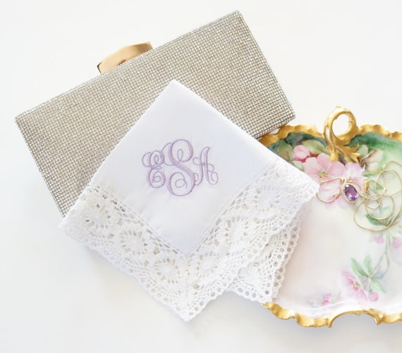 SCROLL I font Embroidered Monogrammed Handkerchief, Personalized Custom Handkerchief, as shown on Hand Crochet Off White Lace handkerchief