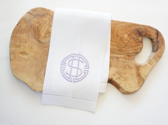MEDALLION DESIGN with Monogram Embroidered Linen Cloth Napkins and Guest Bath Hand Towels - As shown on a Towel