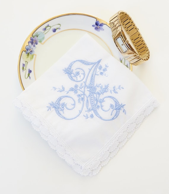 VINTAGE font Embroidered Monogrammed Handkerchief, Personalized Custom Handkerchief, hanky, Single Letter Monogram