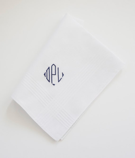 MENS CLASSIC DIAMOND Font Embroidered Monogrammed Handkerchief, wedding hankie