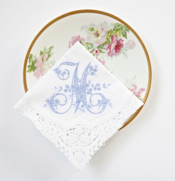 VINTAGE font Embroidered Monogrammed Handkerchief, Personalized Custom Handkerchief, hanky, Single Letter Monogram