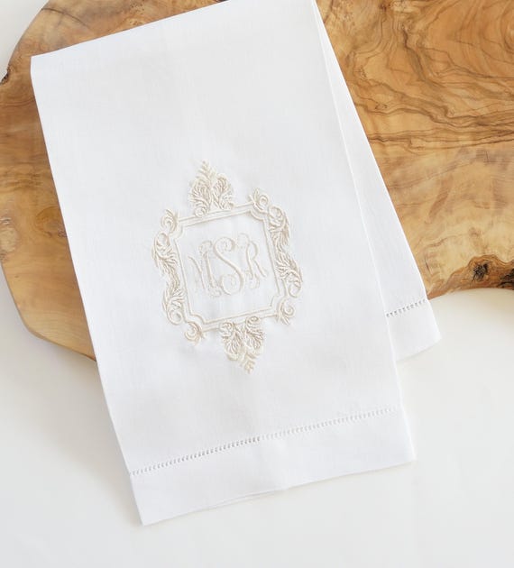 ACANTHUS with Monogram Embroidered Linen Cloth Napkins and Guest Bath Hand Towels - As shown on a Towel, Oyster Thread Color