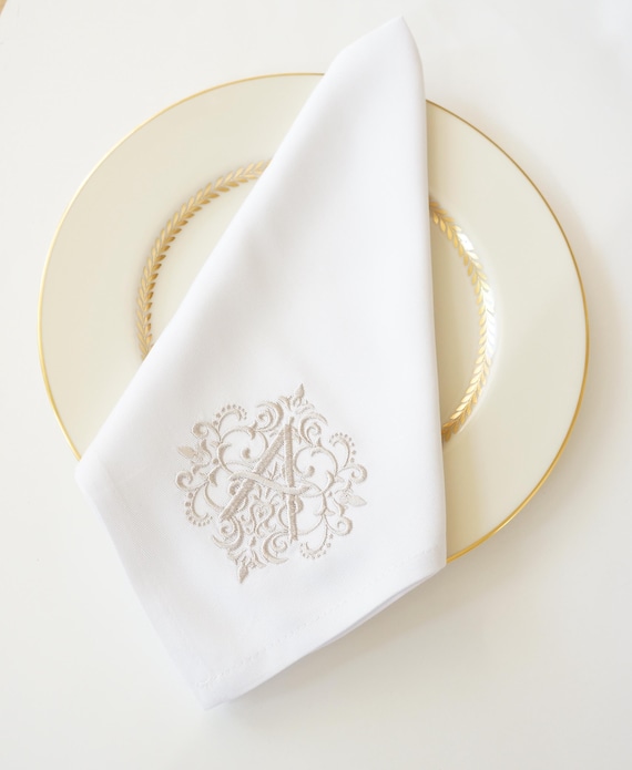 CHANTILLY LACE DESIGN with Monogram Font Embroidered Dinner Napkins and Guest Bath Hand Towels - Home Furnishings