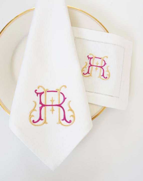 ESTATE FONT Monogrammed Embroidered Custom Napkins, Towels, One or Two Thread Colors, featured in Magenta and Gold thread colors