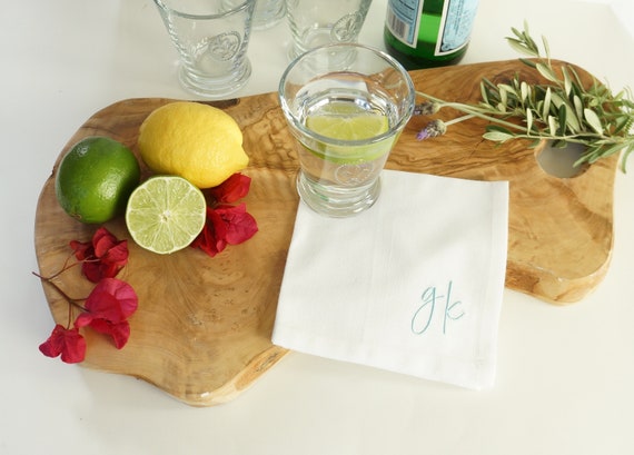 SANIBEL FONT on Embroidered Cloth Dinner Napkins and Guest Hand Towels, as shown on 12 inch Cocktail Napkin, Upper case or Lower case