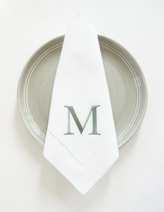 BLOCK LETTER COLLECTION of Monogram Fonts,  Embroidered Napkins and Guest Towels, Featured with Savile Row font and Sage thread color