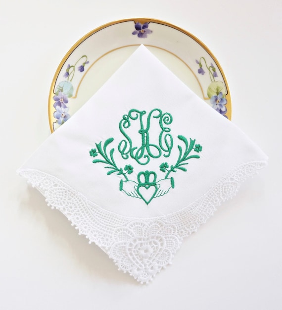 CLADDAGH DESIGN and MONOGRAM Embroidered Handkerchief, Custom Wedding Hankie, Bride handkerchief