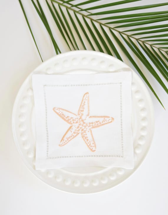 Starfish Embroidered Linen Cocktail Napkins