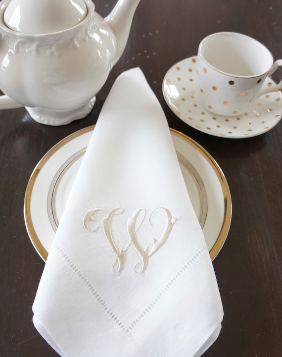 HAMPTON FONT on Embroidered Cloth Dinner Napkins and Guest Hand Towels - Wedding Keepsake or Special Occasions