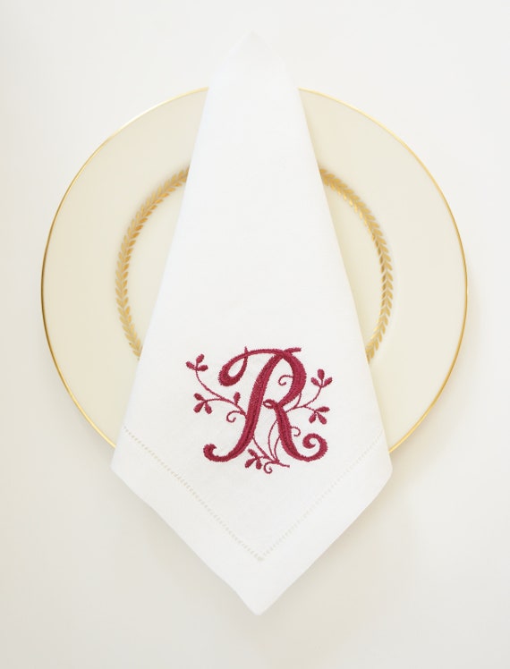 JARDIN FONT Monogram Embroidered Cloth Dinner Napkins, Cranberry thread color featured for Christmas, Wedding Keepsake, Home Furnishings