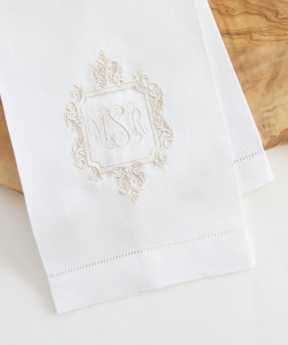 ACANTHUS with Monogram Embroidered Linen Cloth Napkins and Guest Bath Hand Towels - As shown on a Towel, Oyster Thread Color