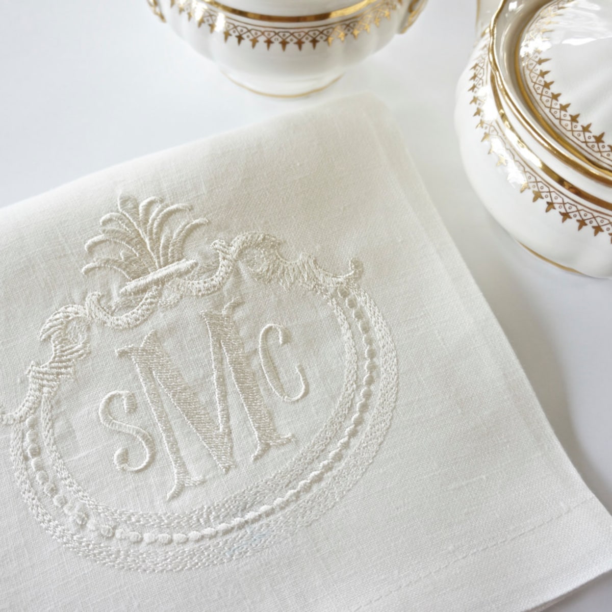 FRENCH ANTIQUE FRAME Monogrammed Embroidered Personalized Napkins, Wedding Napkins, As shown on a Towel, Sustainable, Reusable, Eco friendly