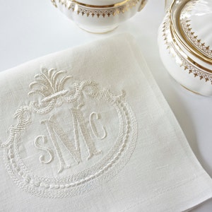 FRENCH ANTIQUE FRAME with Monogram Font Embroidered Dinner Napkins and Guest Bath Hand Towels - As shown on a Towel, Home Furnishings