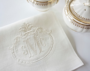 FRENCH ANTIQUE FRAME with Monogram Font Embroidered Dinner Napkins and Guest Bath Hand Towels - As shown on a Towel, Home Furnishings