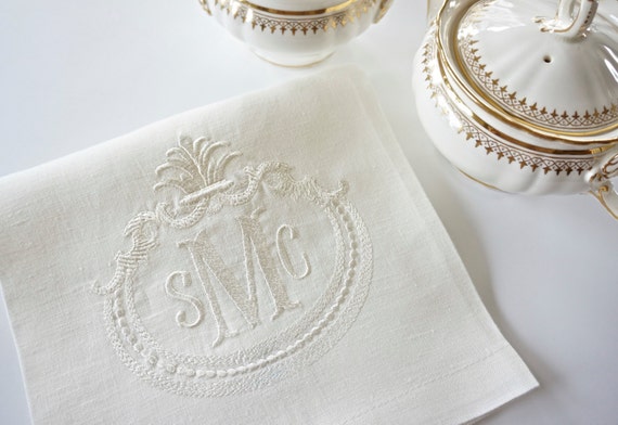 FRENCH ANTIQUE FRAME with Monogram Font Embroidered Dinner Napkins and Guest Bath Hand Towels - As shown on a Towel, Home Furnishings