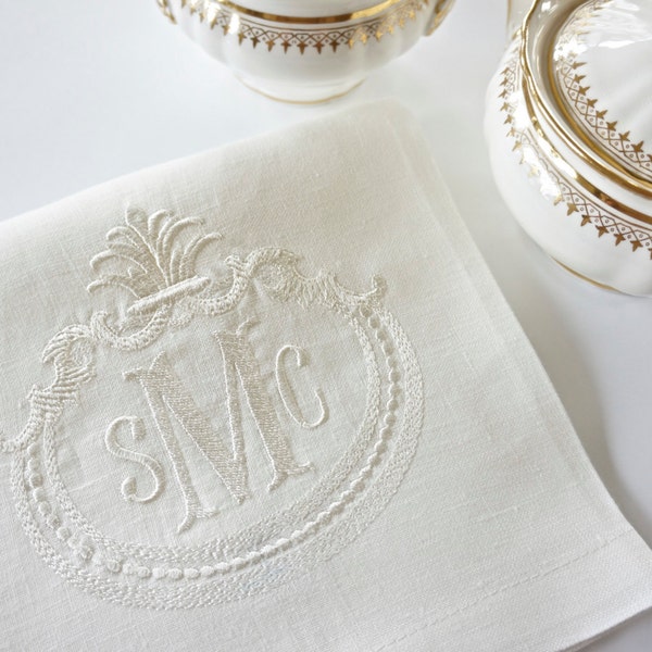 FRENCH ANTIQUE FRAME with Monogram Embroidered Linen Cloth Napkins and Guest Bath Hand Towels - As shown on a Towel