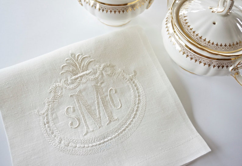 French Antique Frame With Monogram Embroidered Linen Napkins