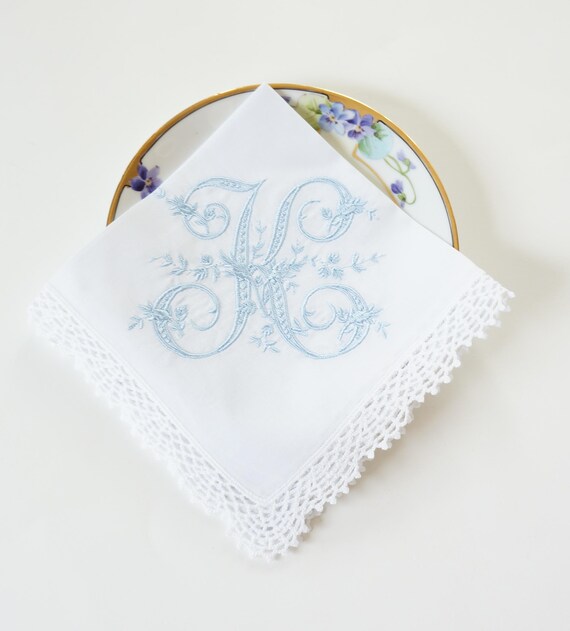 VINTAGE font Embroidered Monogrammed Handkerchief, Personalized , hanky, Single Letter Monogram, Hand Crochet lace trim is off white color