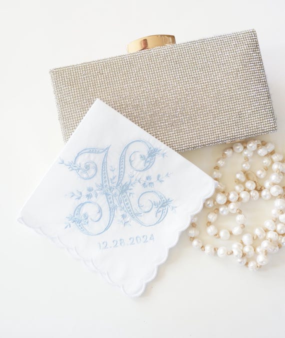 VINTAGE font Embroidered Monogrammed Handkerchief, Personalized Custom Handkerchief, hanky, Single Letter Monogram