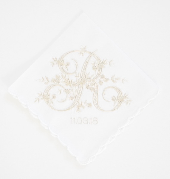 VINTAGE font Embroidered Monogrammed Handkerchief, Personalized Custom Handkerchief, Single Letter Monogram