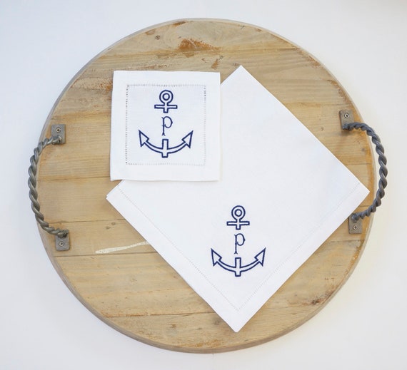 ANCHOR Embroidered Monogram, Nautical Embroidered Napkins, linens, cocktail napkins, towels