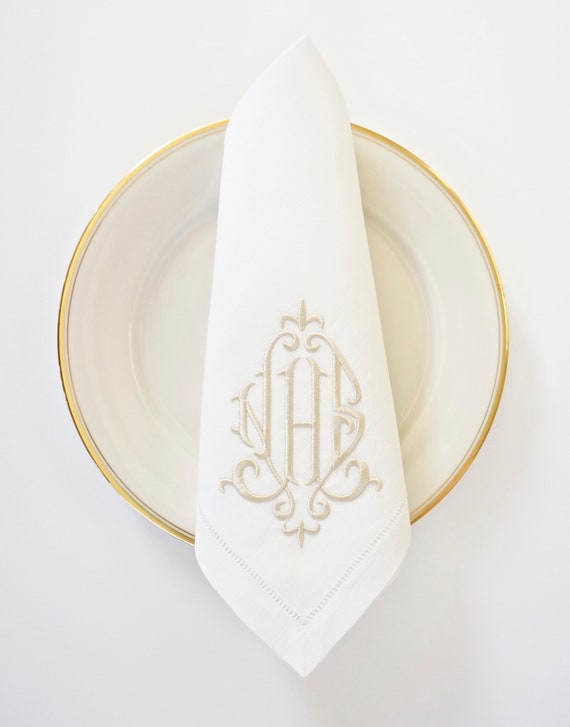 ELEGANT Font Monogram Embroidered Custom White Cloth Napkins, Towels and Linens