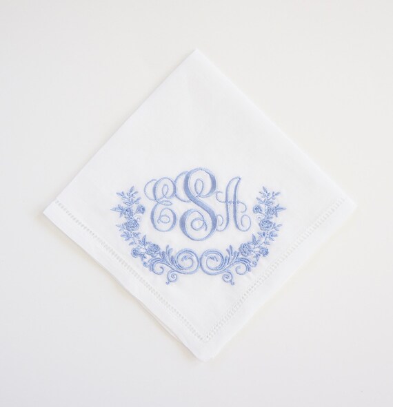 wedding hankie SOMETHING BLUE design and font Embroidered Monogrammed Handkerchief