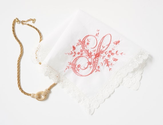 VINTAGE FONT with BUTTERFLIES Embroidered Monogrammed Handkerchief, Personalized Custom Handkerchief, hanky, Single Letter Monogram