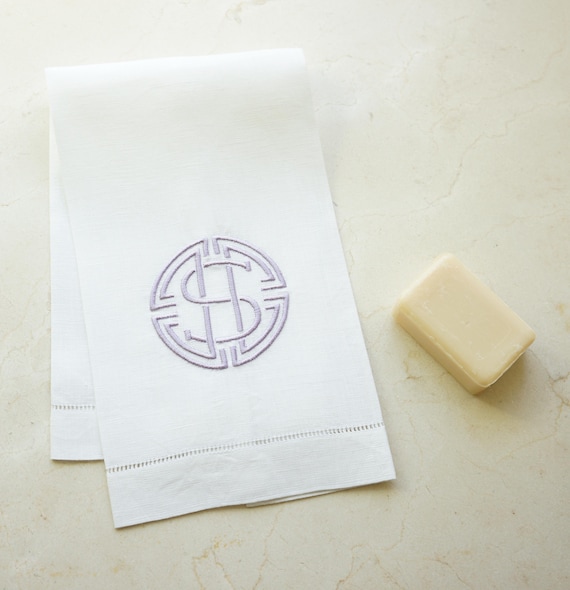 MEDALLION DESIGN with Monogram Embroidered Linen Cloth Napkins and Guest Bath Hand Towels - As shown on a Towel