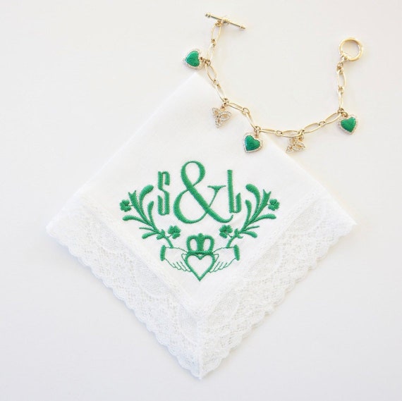 CLADDAGH DESIGN and MONOGRAM Embroidered Handkerchief, Custom Wedding Hankie, Bride handkerchief