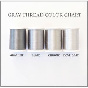 Op de afbeelding: Een kleurenkaart met vier spoelen grijze draad: Grafiet, Leisteen, Chroom en Duifgrijs. De tekst "GRAY THREAD COLOR CHART" staat bovenaan. De spoelen staan op een witte achtergrond.