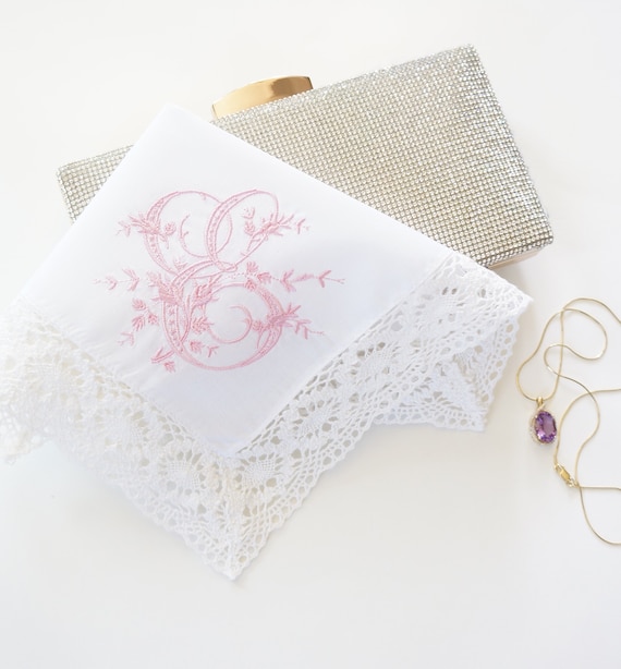 VINTAGE font Embroidered Monogrammed Handkerchief, Personalized Custom, Single Letter Monogram, Hand Crochet lace trim is off white color
