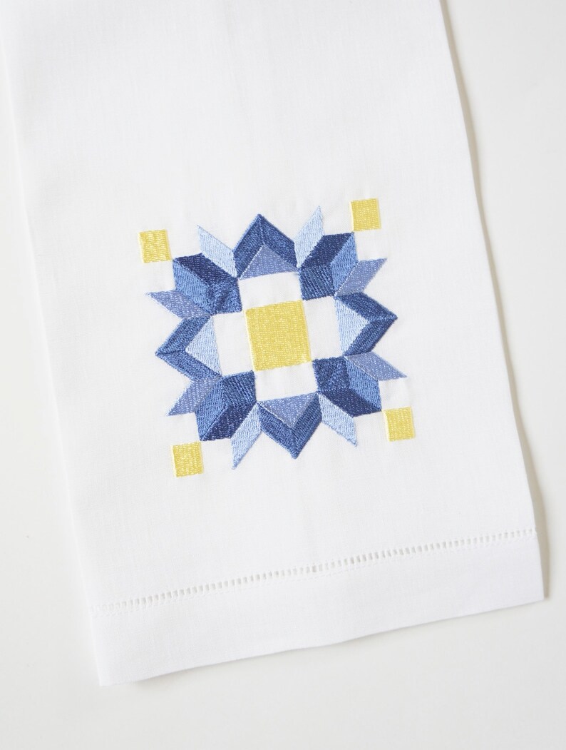 Gifts for Quilters Linen or Cotton STAR QUILT PATTERN and Squares Design Embroidered on Towels Hand Towels for Kitchen and Bath