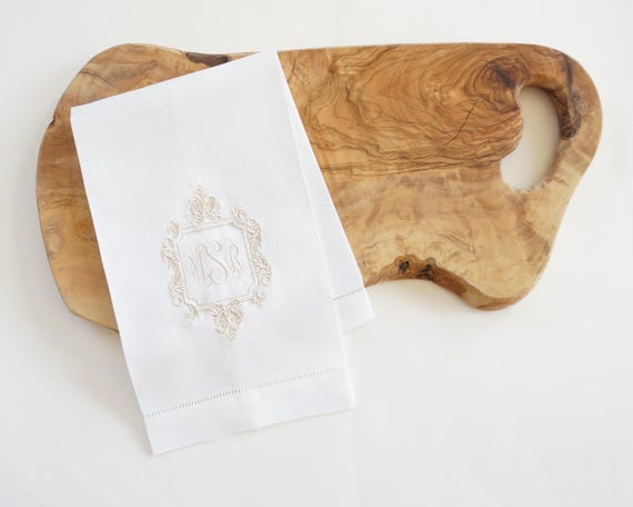 ACANTHUS with Monogram Embroidered Linen Cloth Napkins and Guest Bath Hand Towels - As shown on a Towel, Oyster Thread Color