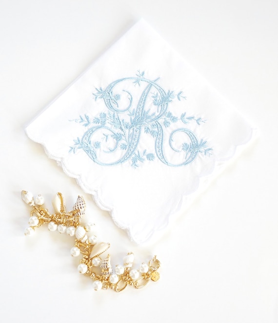 VINTAGE font Embroidered Monogrammed Handkerchief, Personalized Custom Handkerchief, hanky, Single Letter Monogram