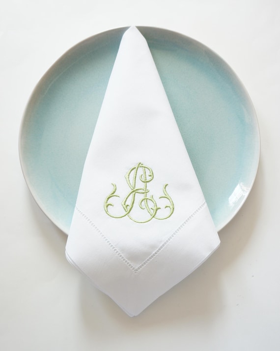 ESTATE FONT Monogrammed Embroidered Custom Napkins, Towels, One or Two Thread Colors, featured in Magenta and Gold thread colors