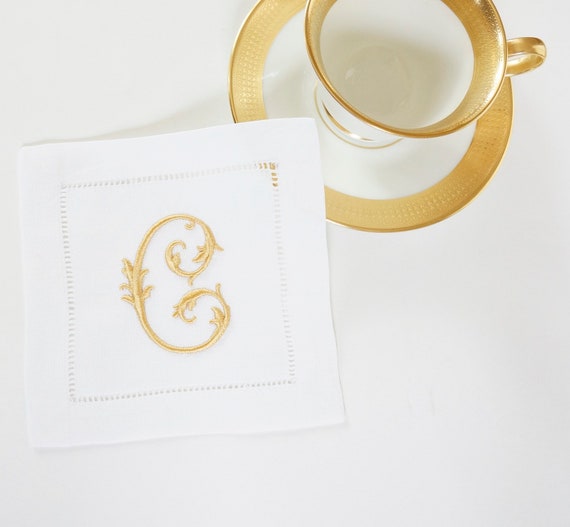 MONOGRAMMED COCKTAIL NAPKINS, Chateau Font Style, 6 X 6 inch, Hostess Gift, Wedding Reception, Personalized Embroidered Linen Hemstitched